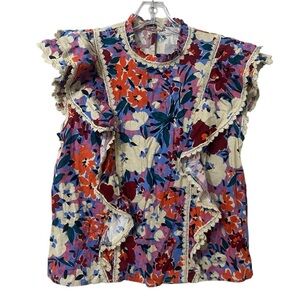 Karlie Floral Colorful Ruffled Short Sleeve Linen Top Blouse